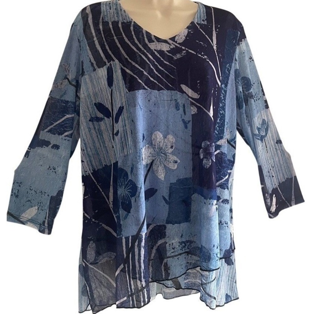 Jess & Jane Sheer Art To Wear Tunic Top Blue Floral 3/4 Sleeve USA Large